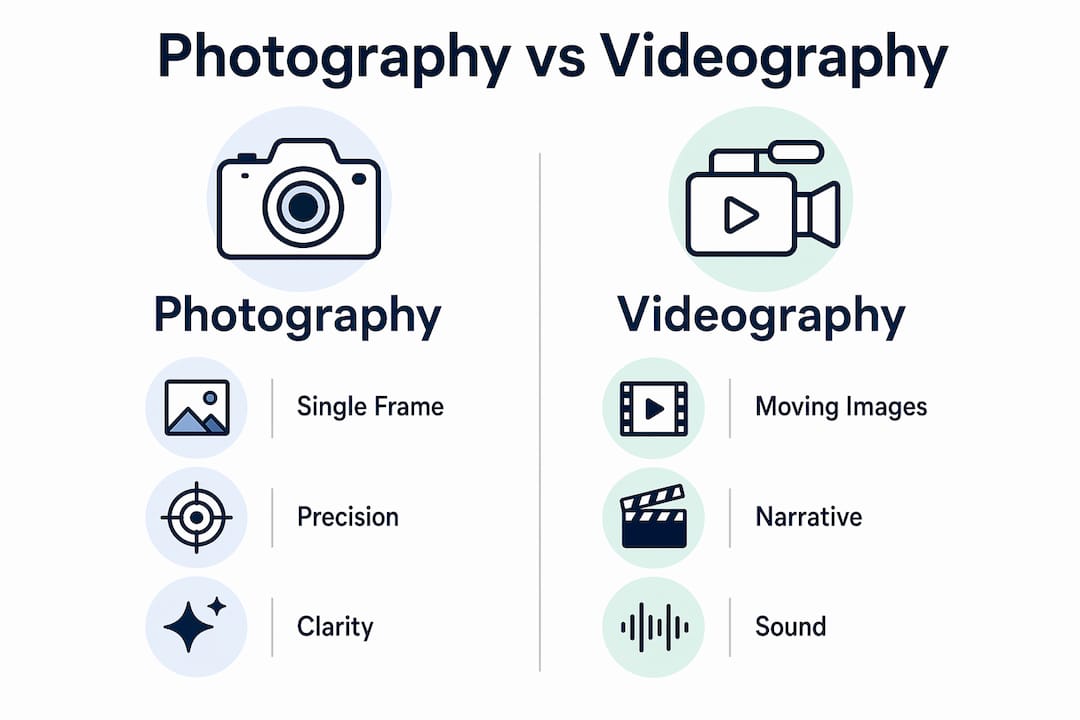 photography vs videography: key differences explained 2 Infographic comparing photography and videography key aspects