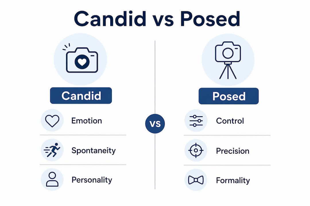 why capture engagement moments: a couple's guide 2 Infographic comparing candid and posed photography
