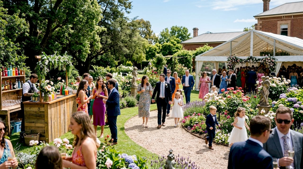 Why outdoor venues appeal: the complete 2026 guide 1 Wedding guests moving through outdoor event space