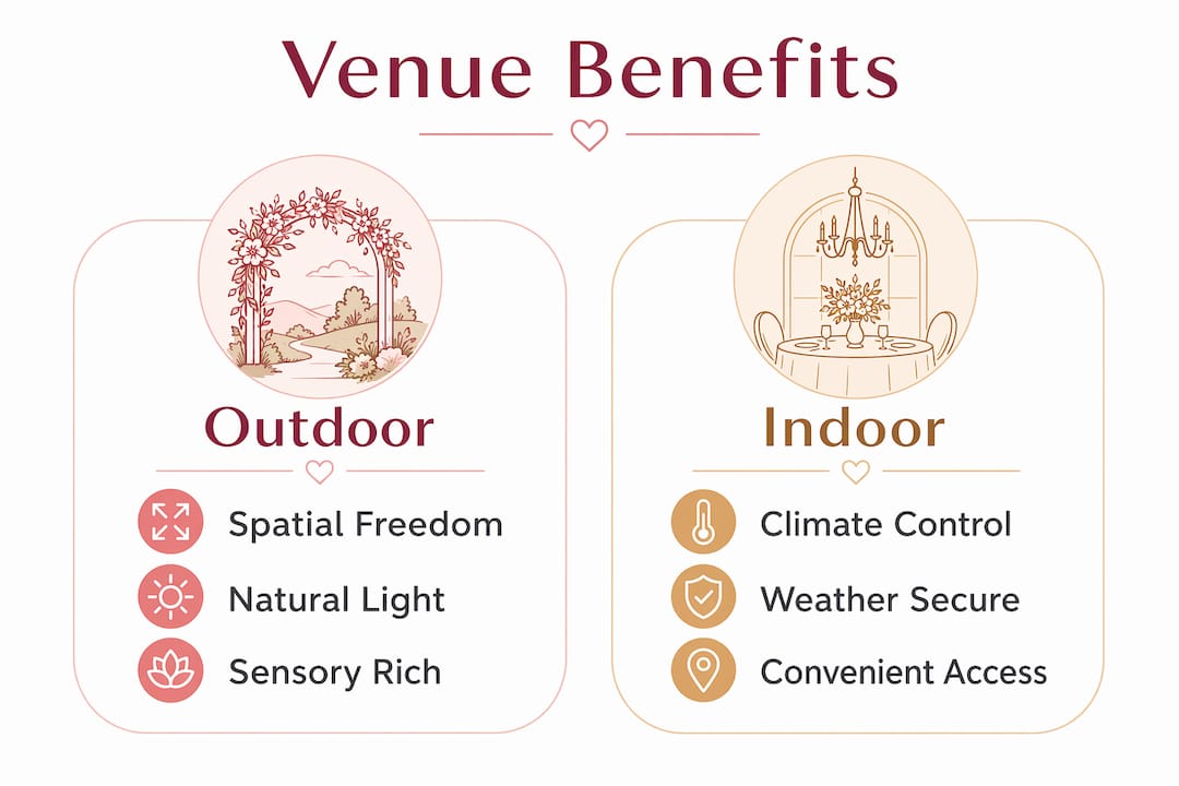 Why outdoor venues appeal: the complete 2026 guide 2 Infographic comparing outdoor and indoor wedding venue benefits