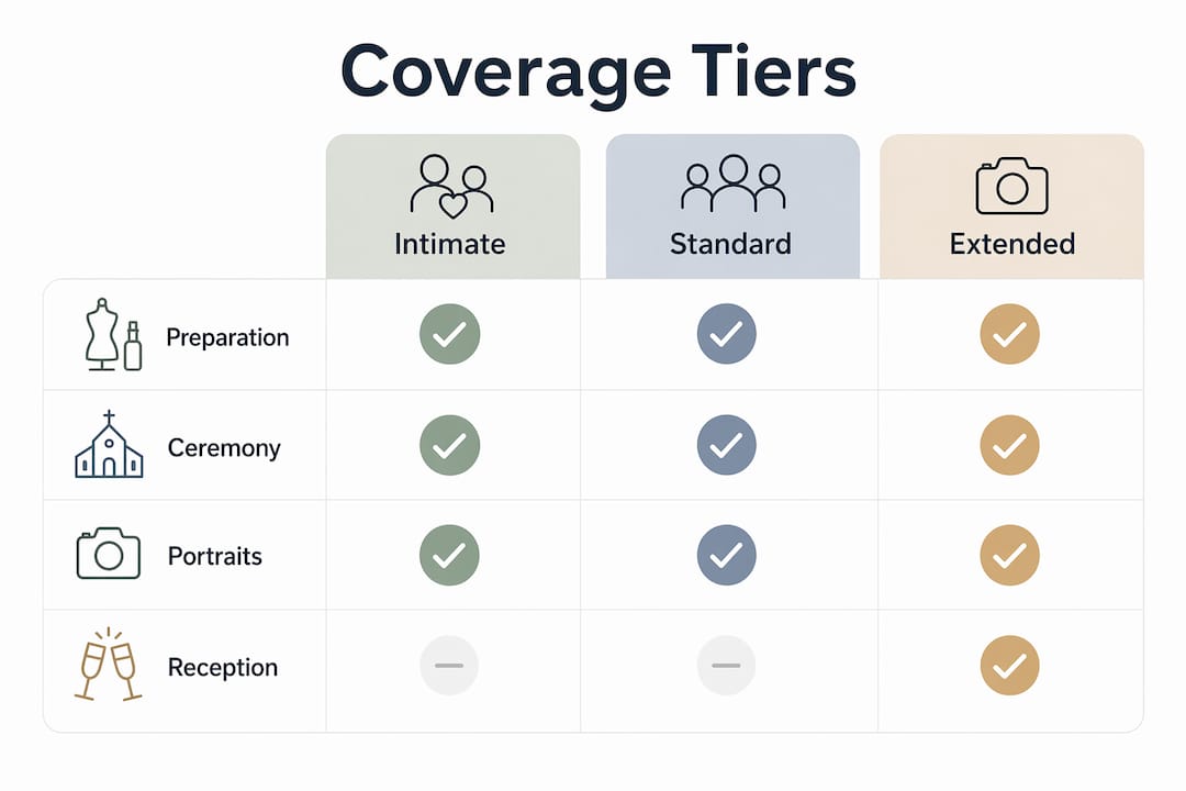 intimate wedding coverage explained for couples 2 Infographic showing intimate wedding photography coverage tiers