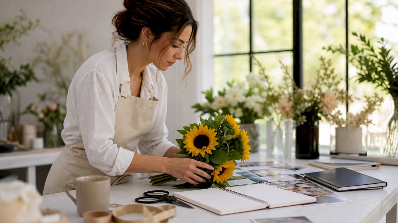 What is wedding industry networking: a guide for pros 1 Florist arranging flowers and vendor materials
