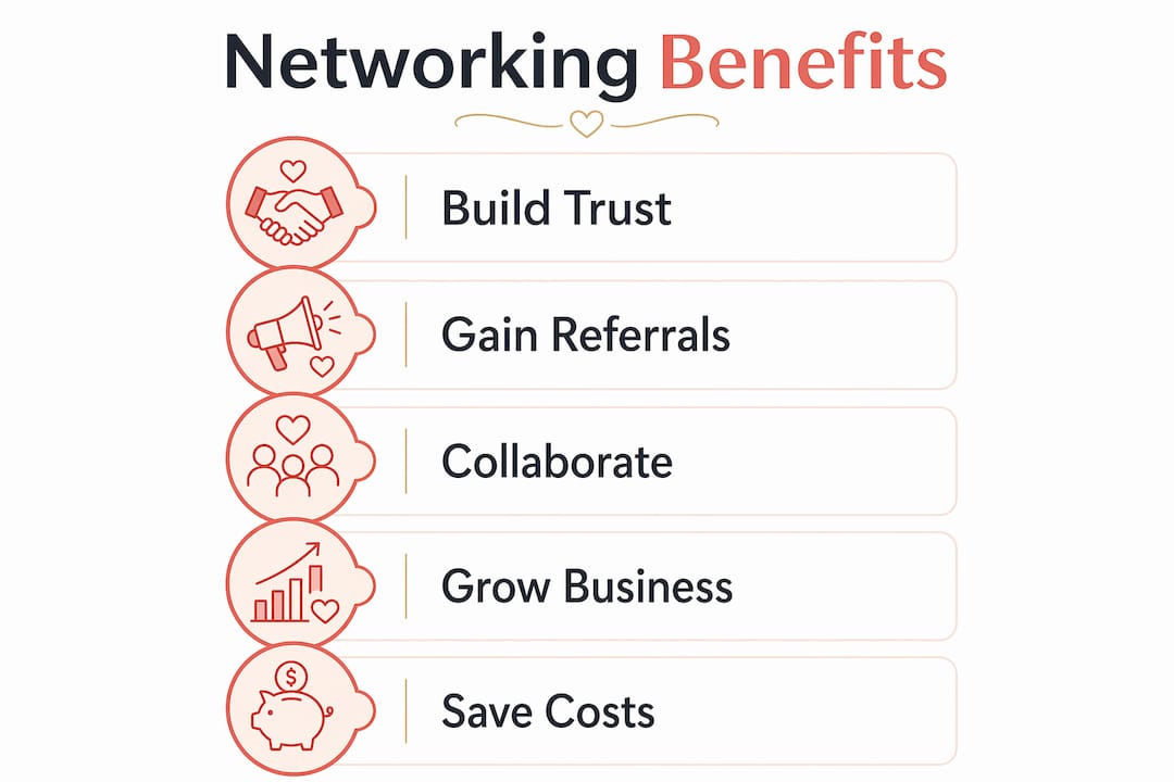 What is wedding industry networking: a guide for pros 2 Infographic showing wedding networking benefits