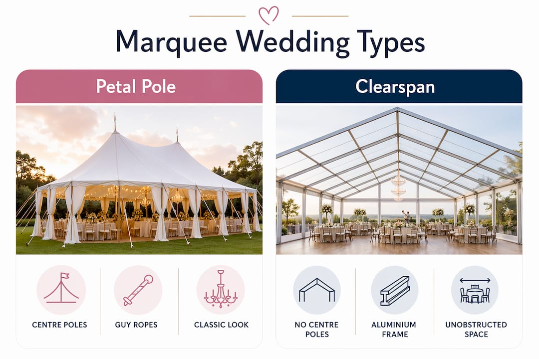 What is a marquee wedding? Your complete 2026 guide 2 Infographic comparing petal pole and clearspan marquees