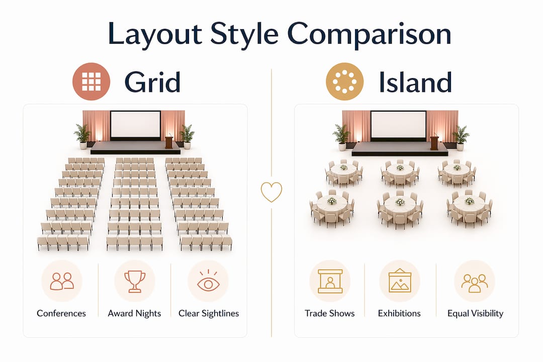 Event layout planning guide for coordinators 2 Infographic comparing event layout styles grid and island