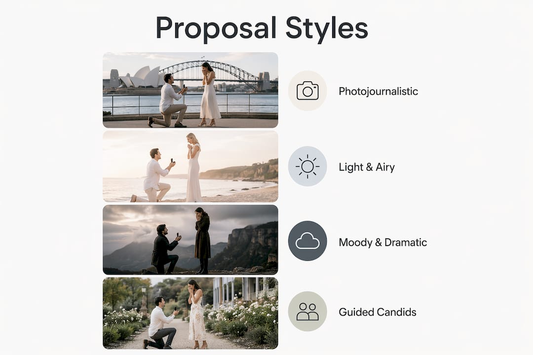 choosing proposal photography style: your complete guide 2 Infographic outlining main proposal photography styles