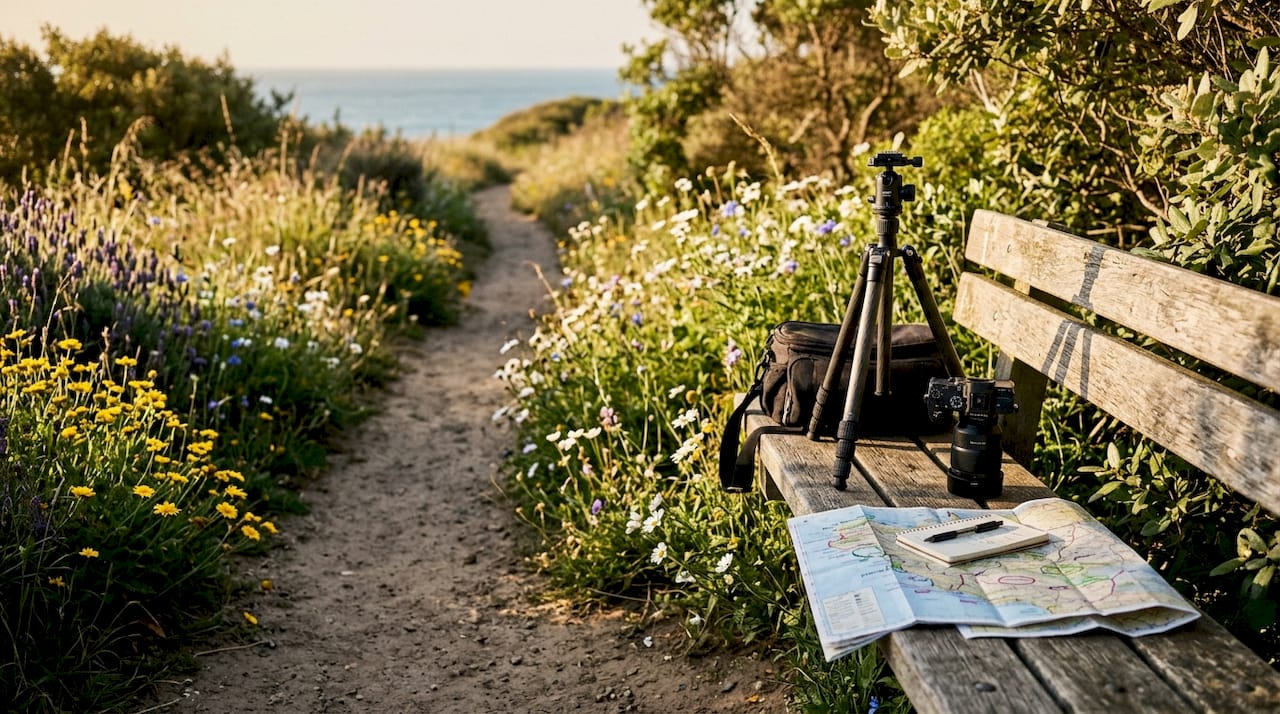 proposal photography checklist: capture every moment 1 Photography gear and map on garden bench, outdoor scouting
