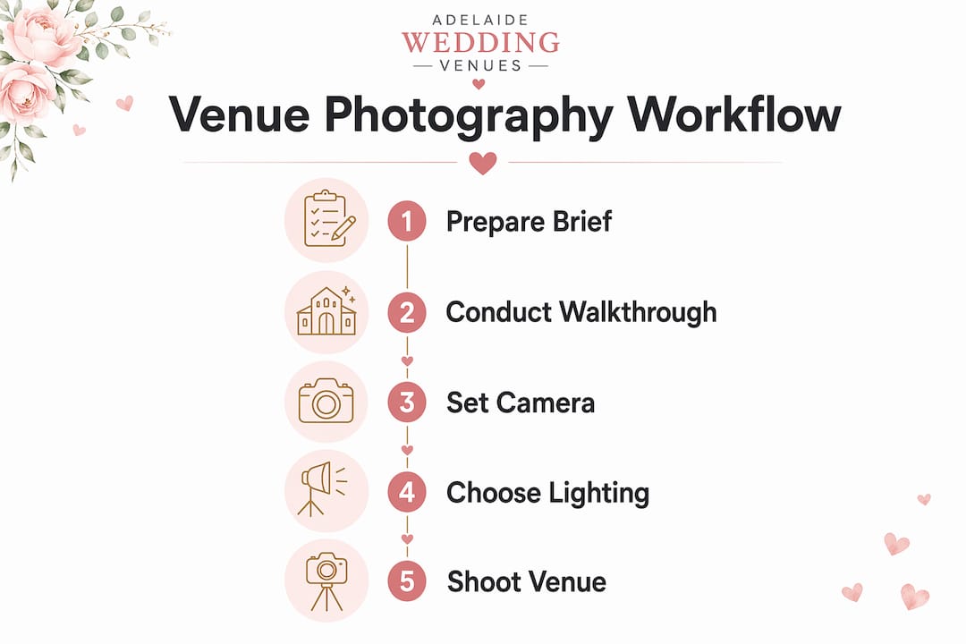 Venue photography tips for wedding photographers 1 Infographic illustrating venue photography workflow steps