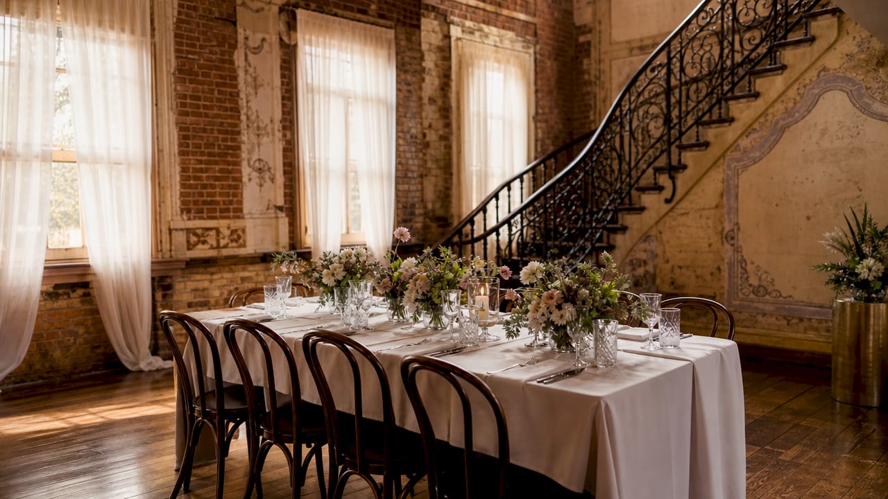 Historic wedding venue pros: 9 reasons to say yes 1 Historic venue interior with grand staircase and beams