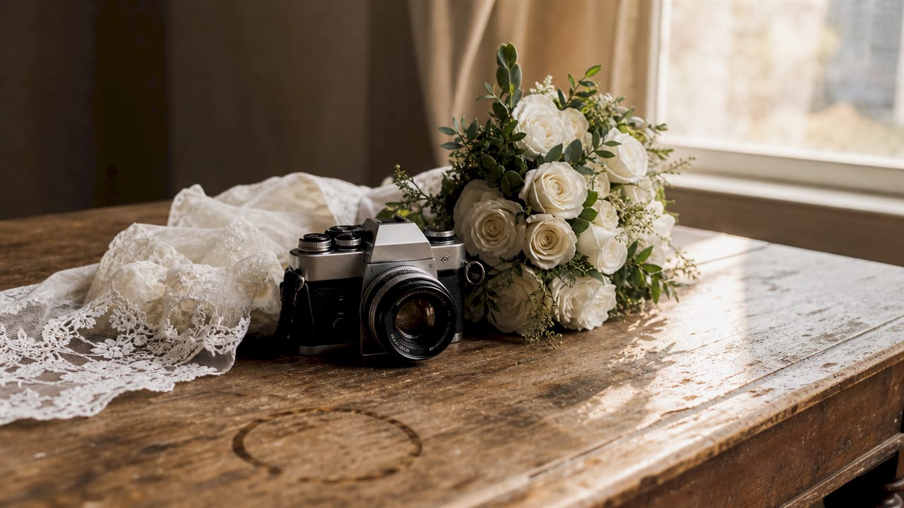 candid vs posed wedding photos: what's the difference? 1 Wedding photography props on rustic wooden table