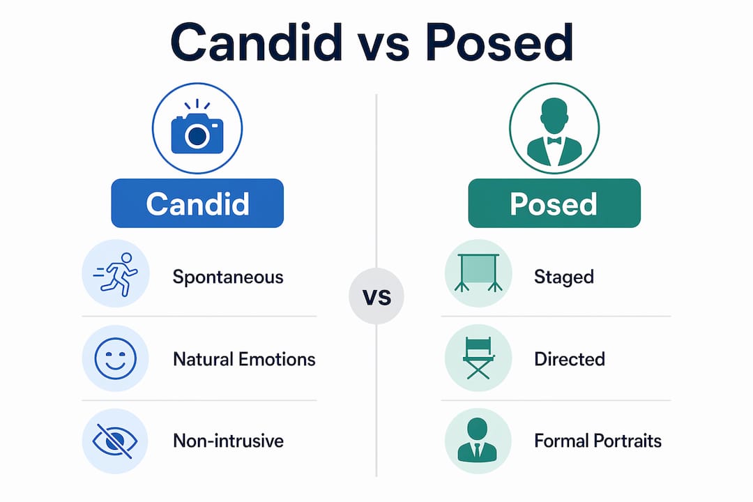 candid vs posed wedding photos: what's the difference? 2 Infographic comparing candid and posed wedding photos