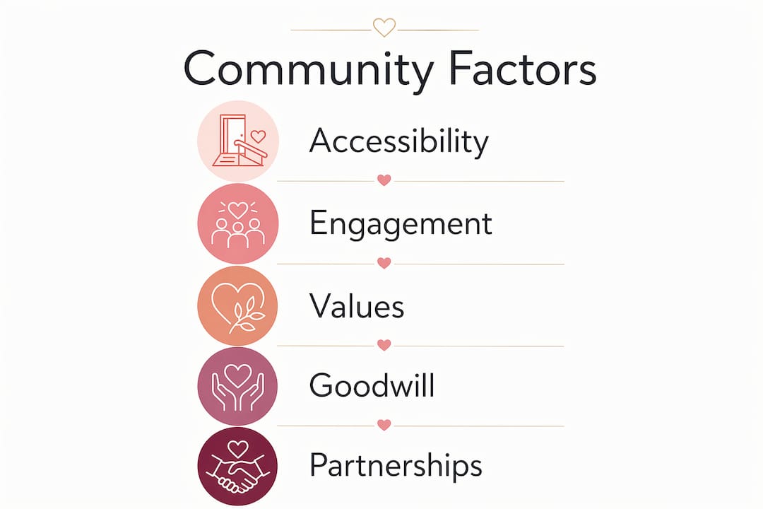 Role of community in venue selection: 2026 guide 2 Infographic illustrating key community factors in venue selection.