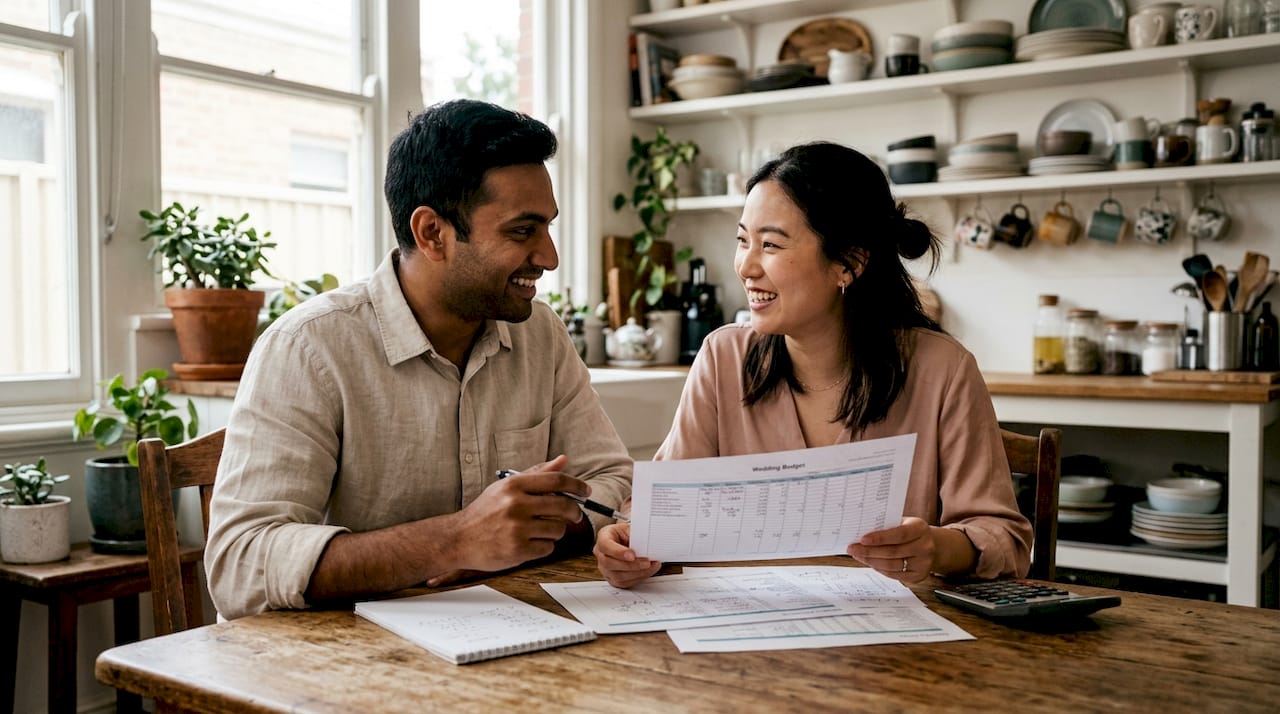 What is off-peak wedding season? Your 2026 guide 1 Couple discussing off-peak wedding budget