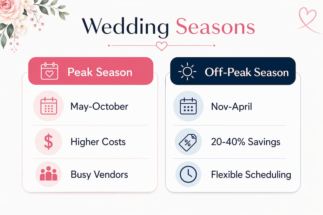 What is off-peak wedding season? Your 2026 guide 2 Infographic comparing peak and off-peak wedding seasons
