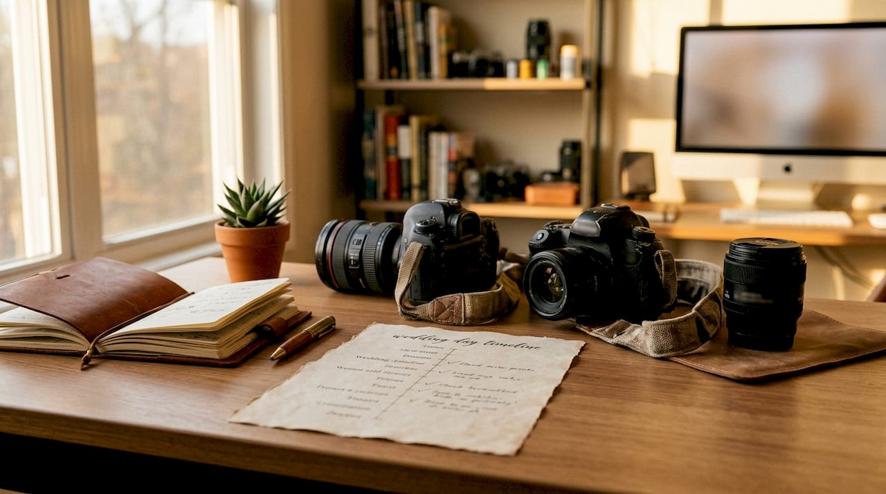 why include a second photographer at your wedding 1 Wedding day photography planning desk with equipment