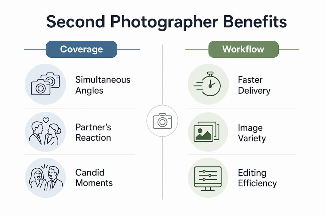 why include a second photographer at your wedding 2 Infographic comparing benefits of second wedding photographer