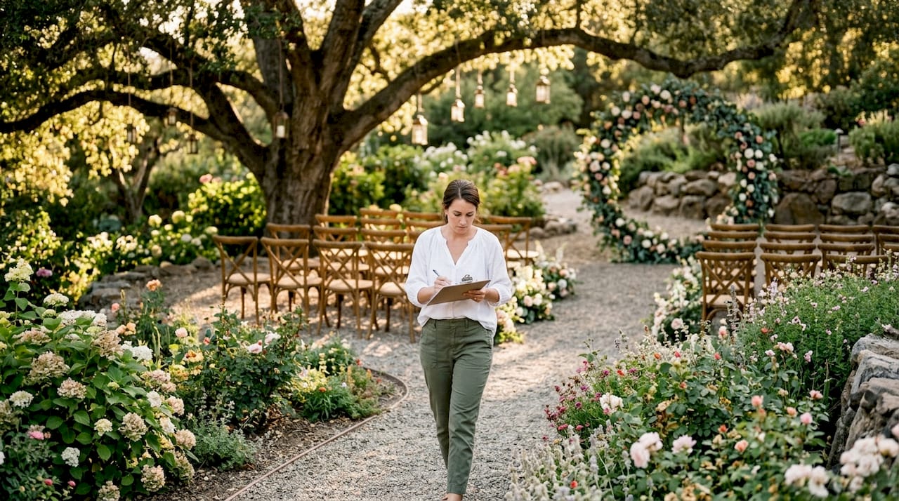 Garden ceremony venue ideas for your perfect outdoor wedding 1 Wedding planner assessing garden ceremony path
