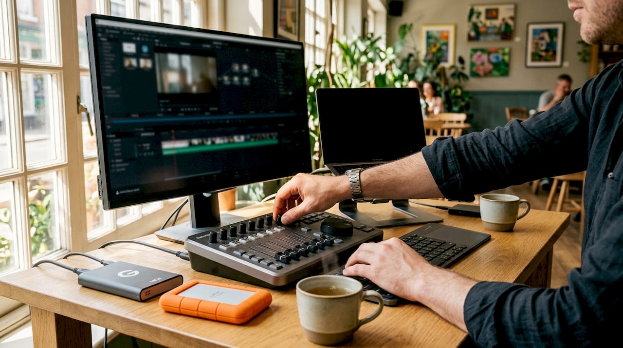 what is a same day wedding slideshow? 170 Close-up of hands controlling wedding video editing