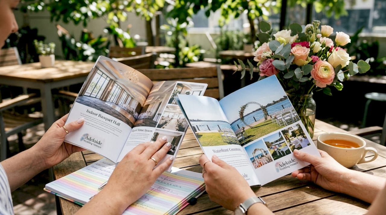 Ceremony vs reception venues list: your complete guide 1 Hands comparing wedding venue brochures
