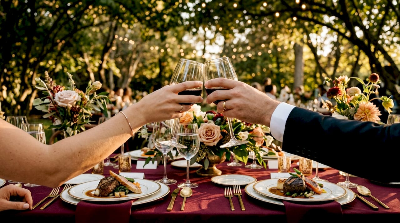 Wedding menu options list: your complete guide 1 Couple enjoying plated alternate-drop dinner at wedding