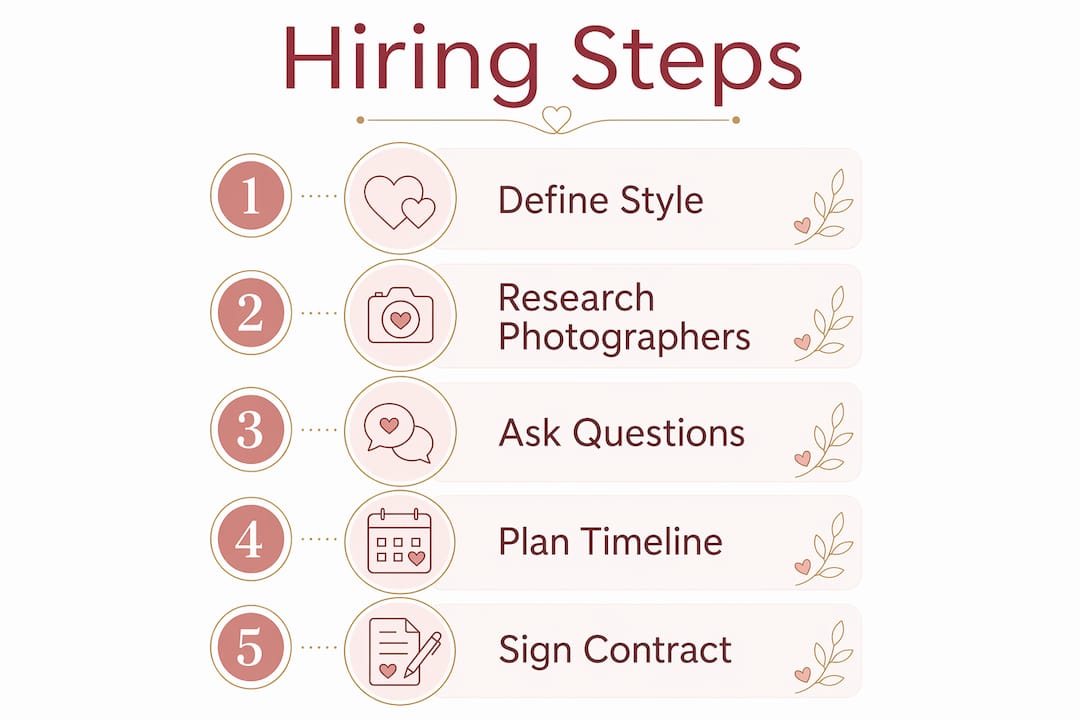 How to hire a wedding photographer: your complete guide 2 Infographic showing steps to hire a wedding photographer