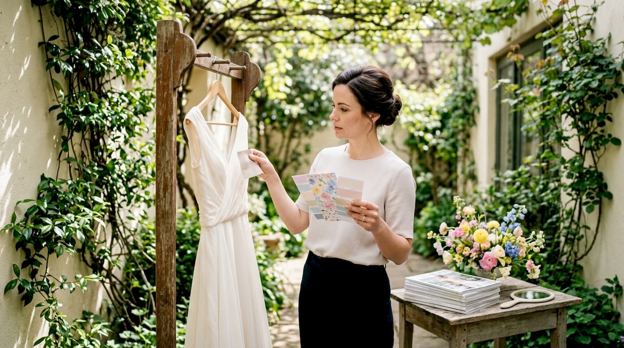 Wedding style inspiration lists: your 2026 guide 1 Bride comparing gown fabric with seasonal palette