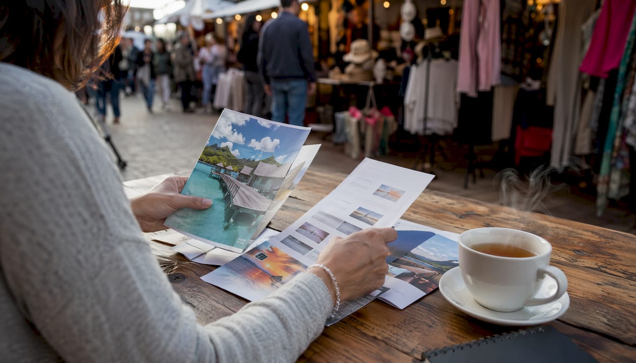 Best fleurieupeninsula.com.au alternatives for travel planning 2 Hands arranging travel brochures on café table