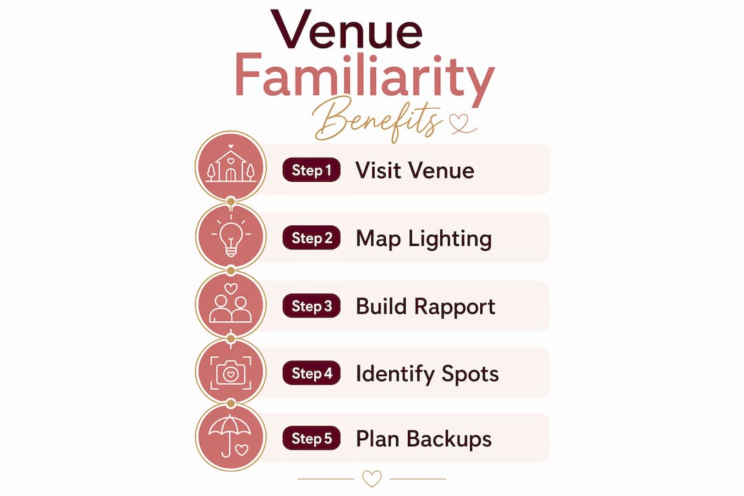 How photographers shape venue discovery in 2026 1 Infographic showing steps of venue familiarity benefits