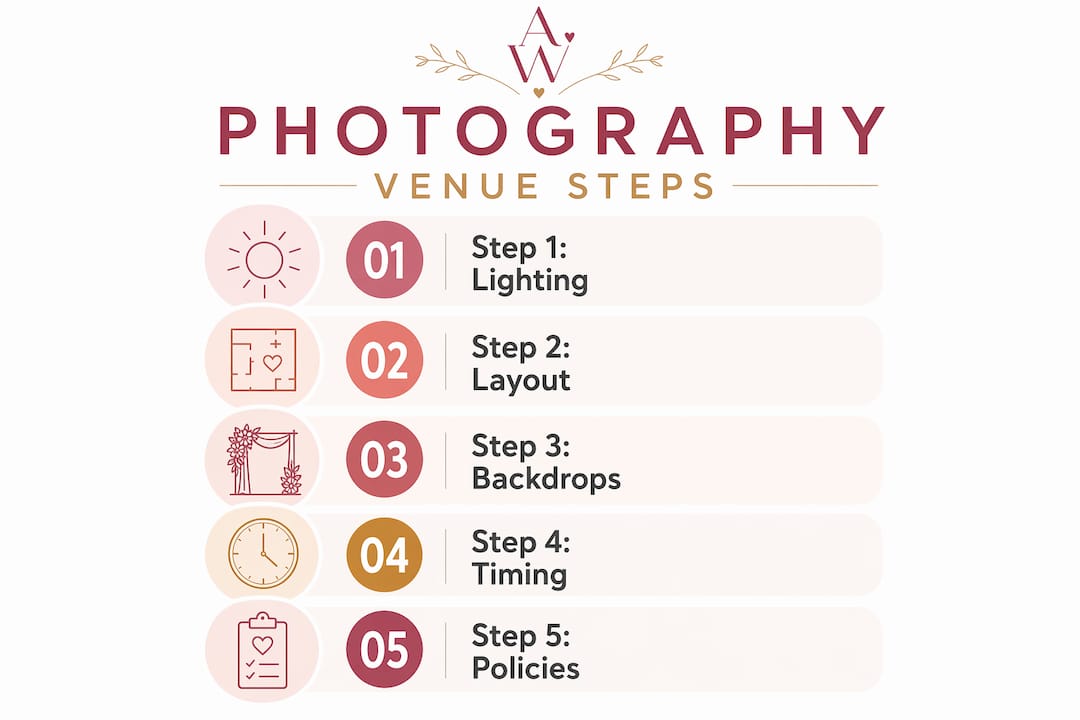 How photography shapes your wedding venue choice 2 Infographic illustrating steps to evaluate wedding venues for photography