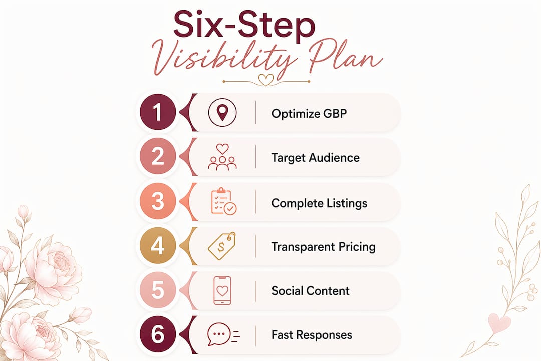 Venue visibility strategy: your six-move plan for 2026 1 Infographic displaying venue visibility six-step plan