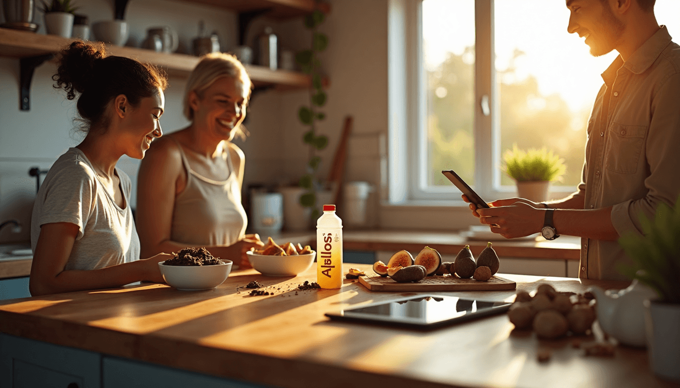 Diverse friends preparing food with allulose products in sunny kitchen
