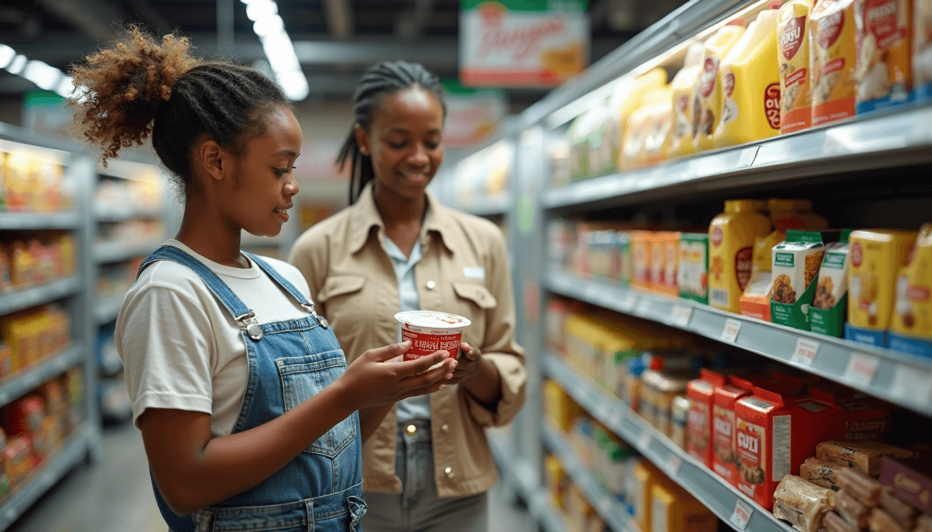 Shopper reviewing allulose yogurt in South African market aisle