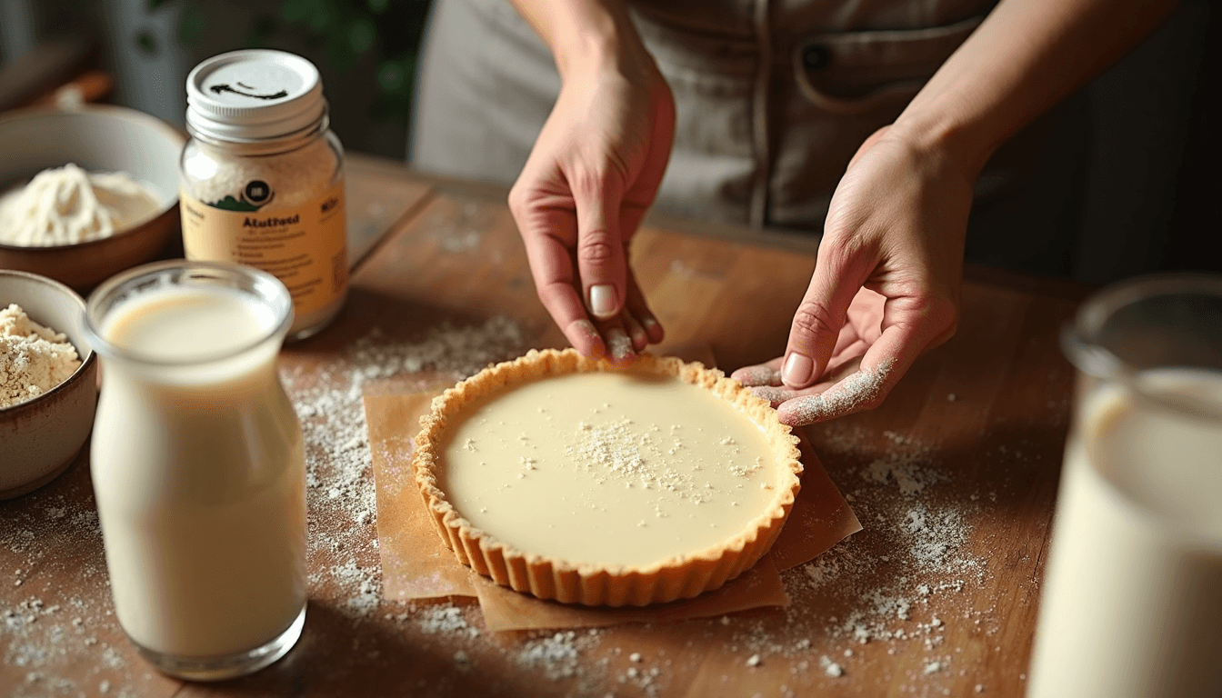 Hands preparing milk tart with allulose and recipe cards