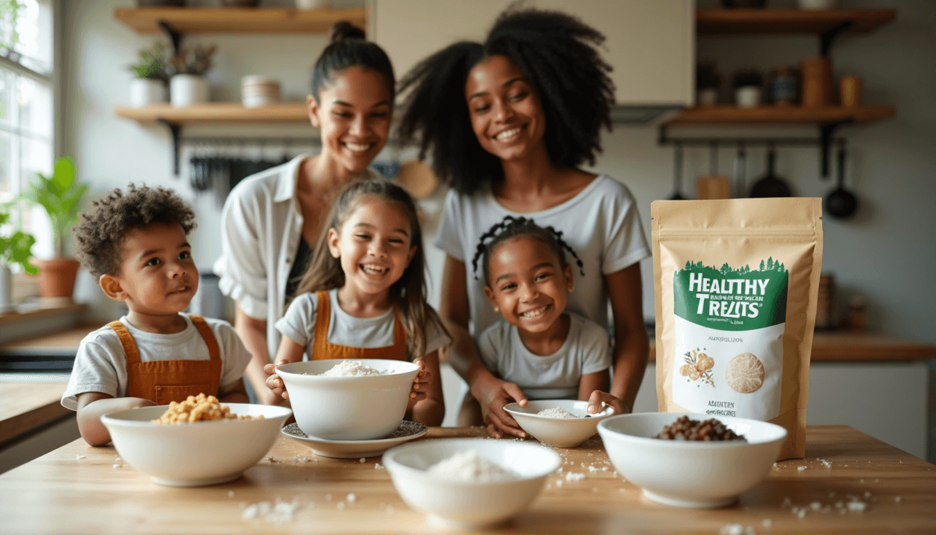 Family baking with allulose in a sunlit modern kitchen