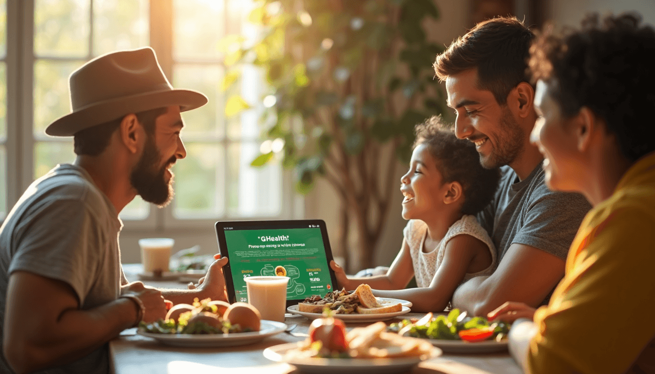 Family breakfast with sweetener choices and health infographic on tablet