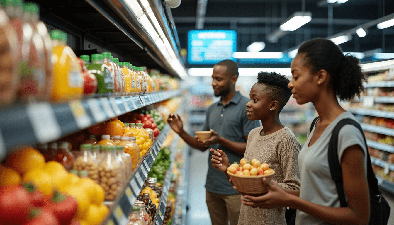Shoppers reading food product nutrition labels at supermarket