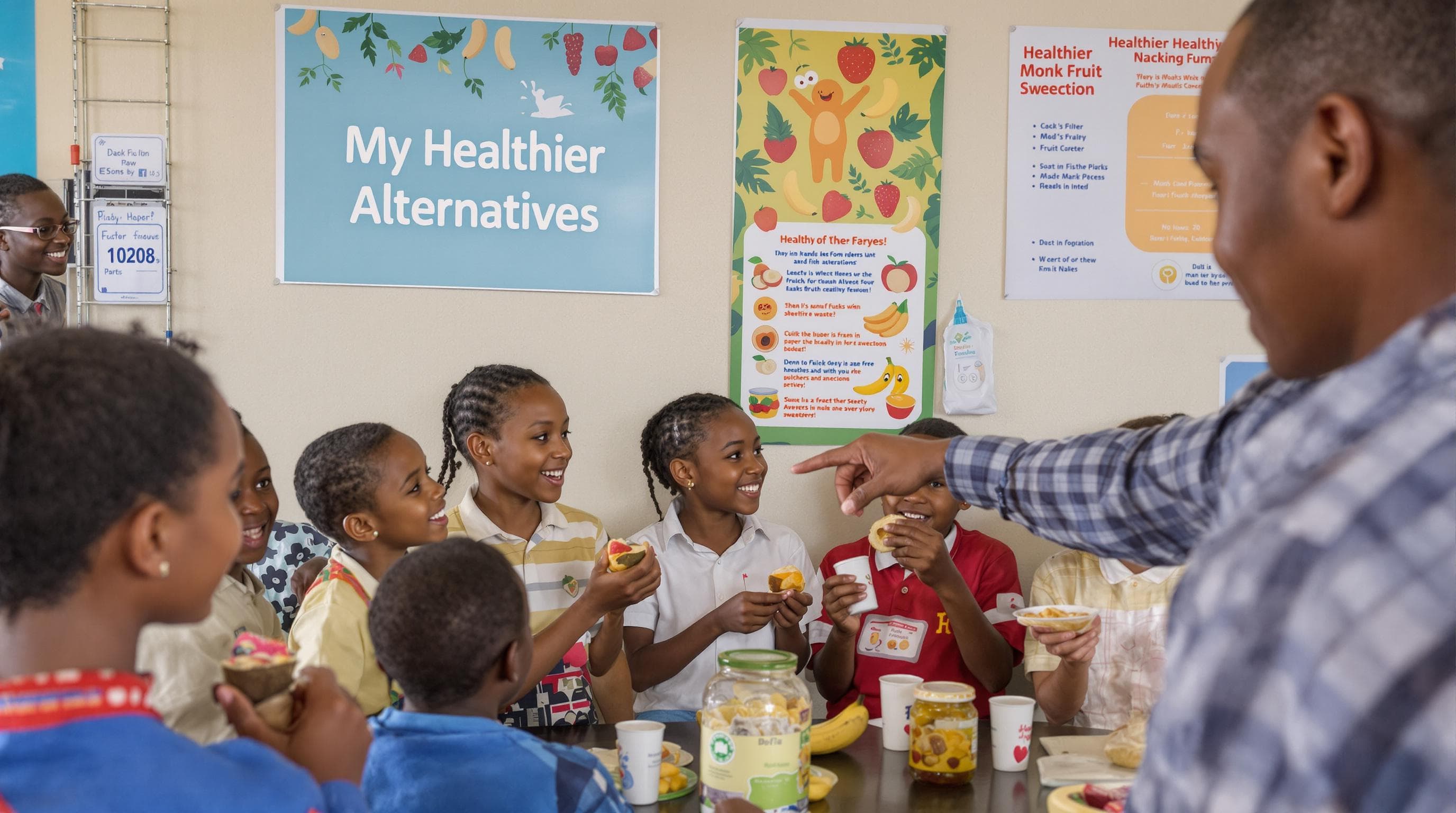Children choosing snacks with fruit and stevia by poster