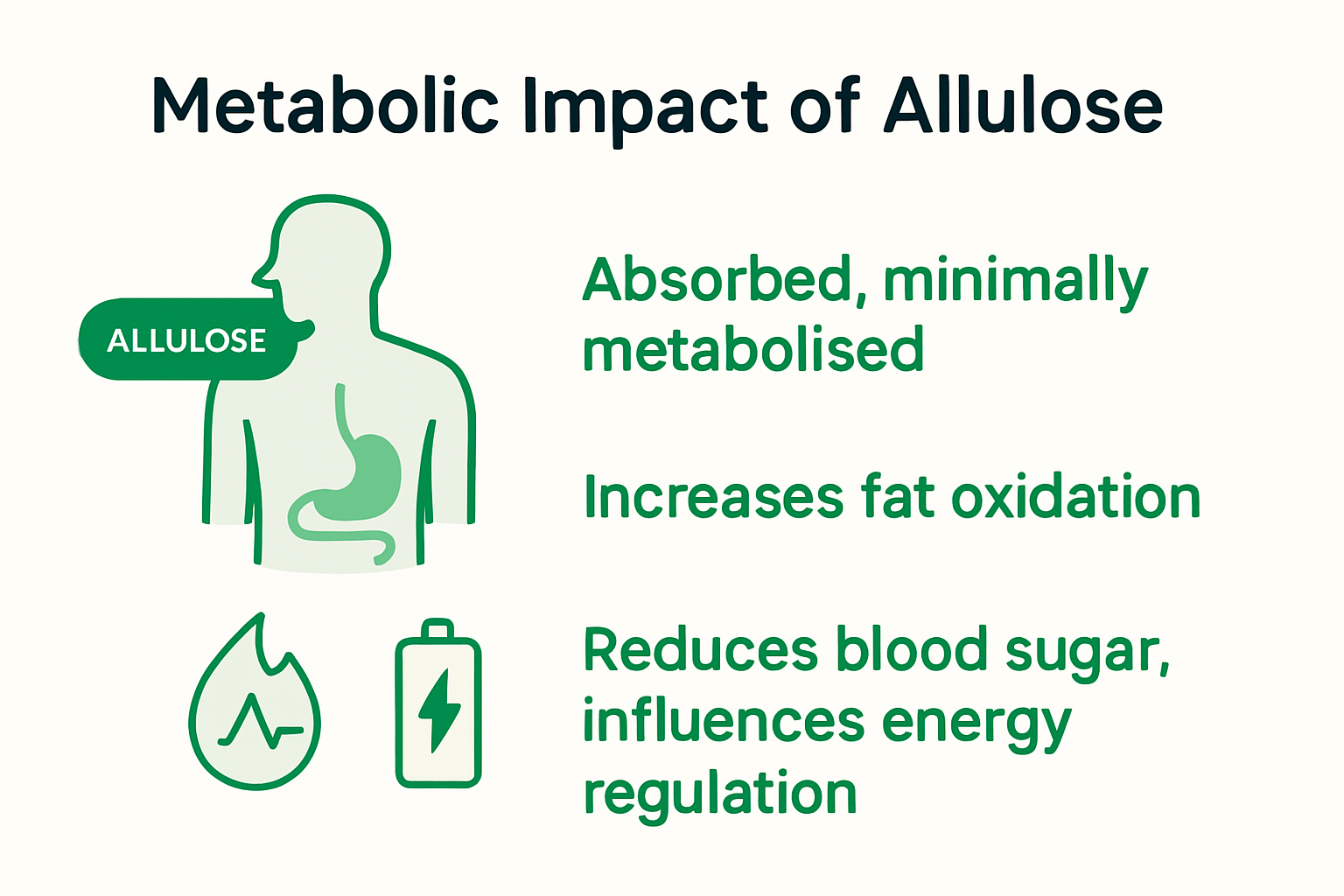 Infographic showing allulose metabolic pathway and benefits