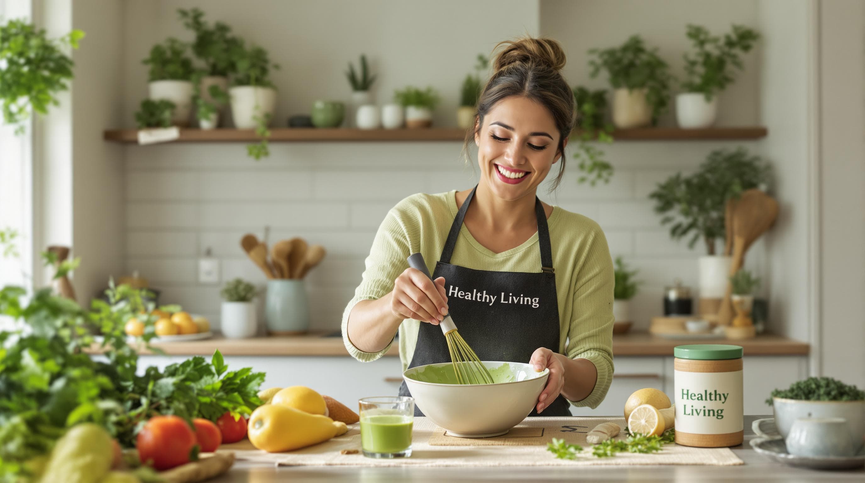 South African woman whisking organic matcha in a kitchen with 'Healthy Living' text on tea container