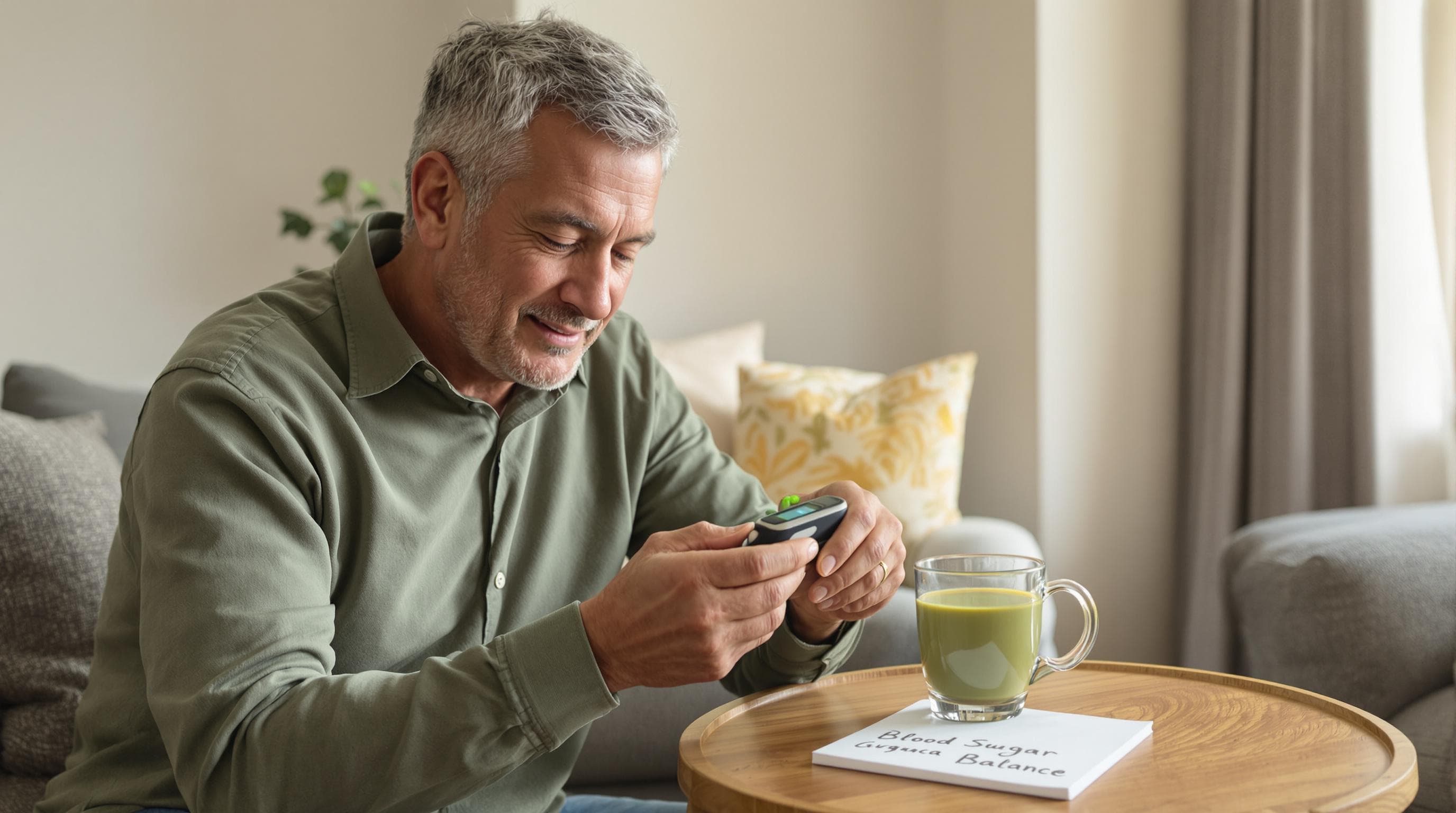 Man checking blood sugar with matcha nearby and 'Blood Sugar Balance' text on notepad