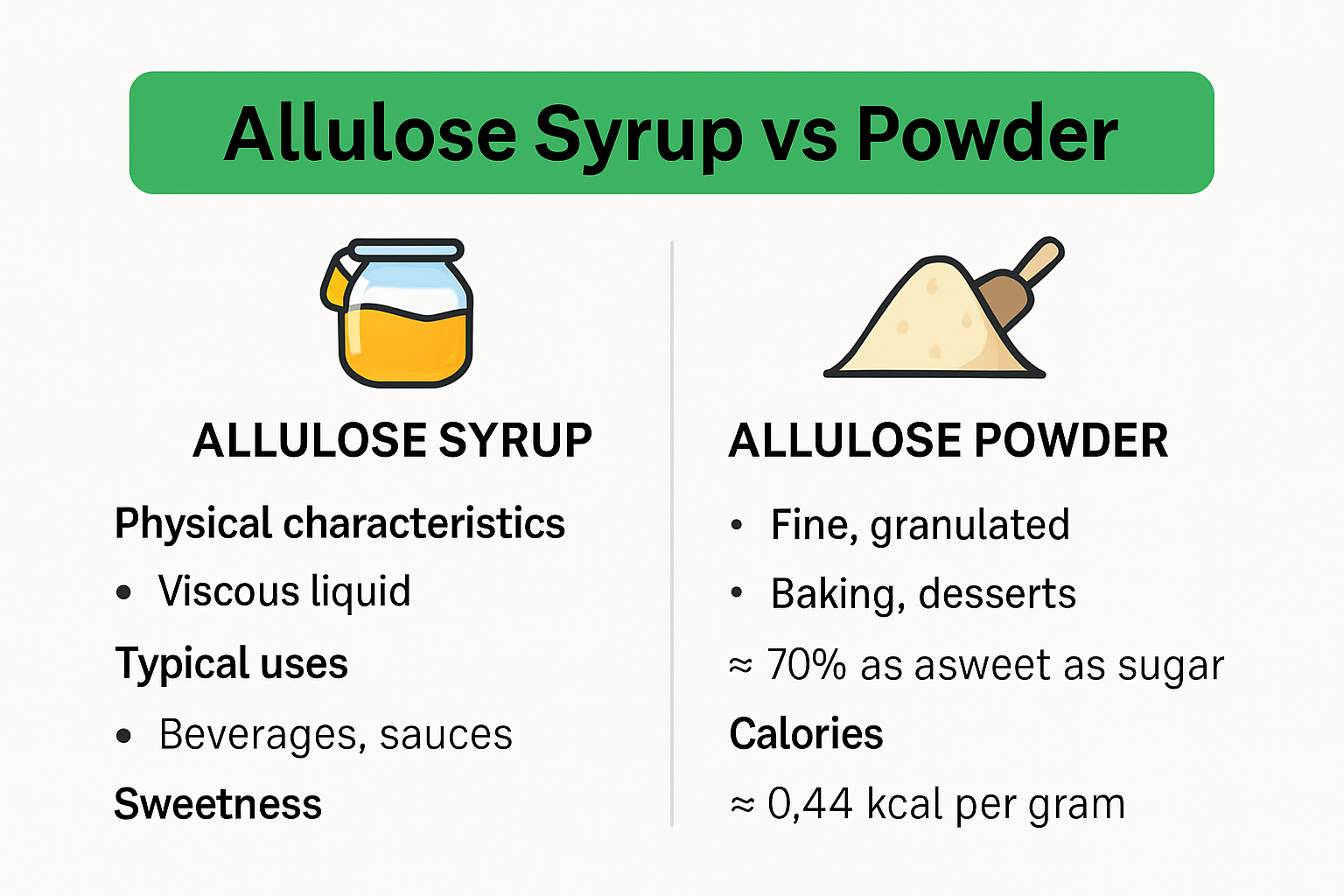 Allulose syrup vs powder comparison and uses infographic
