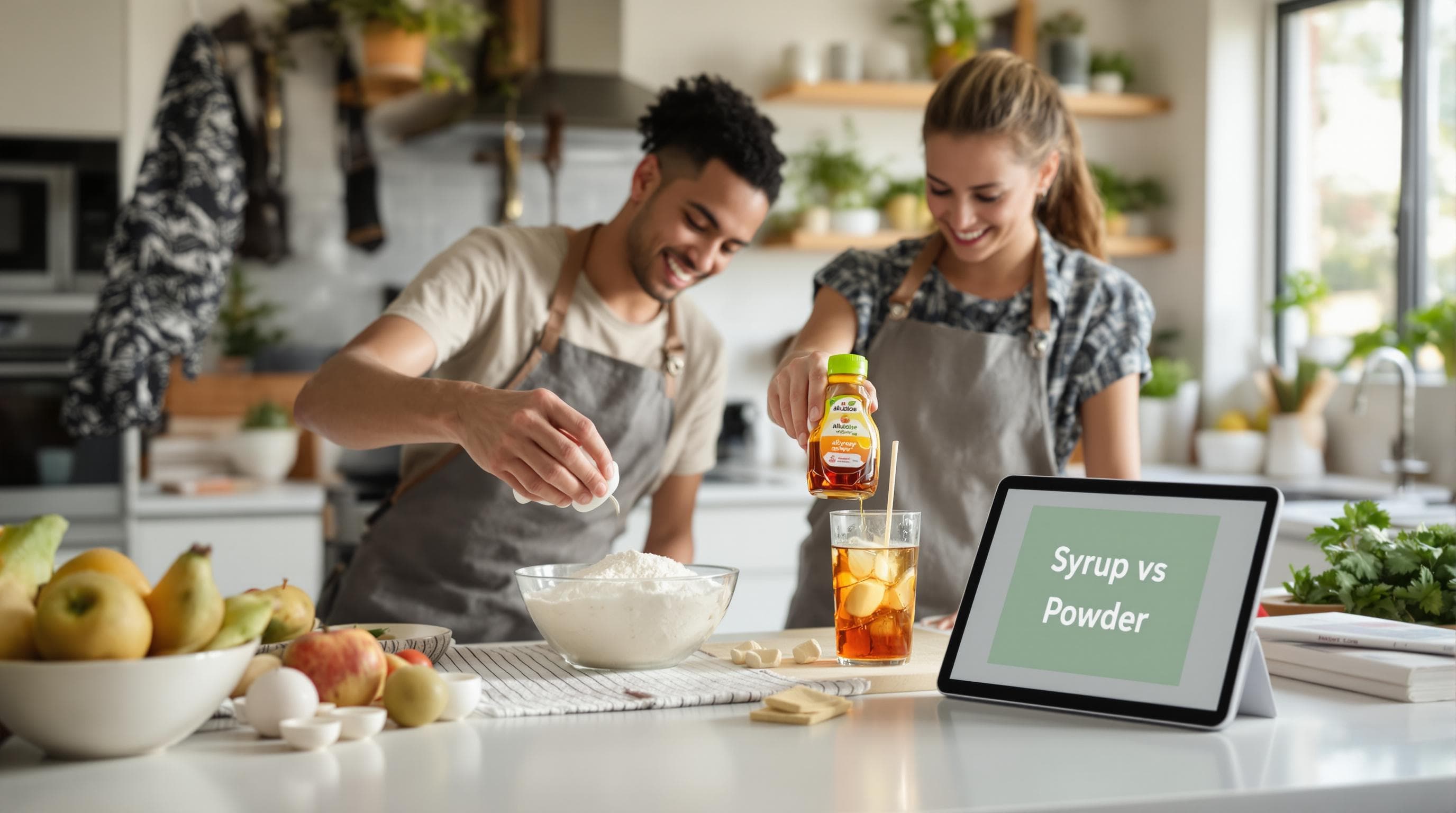 Adults using allulose syrup and powder in kitchen recipes