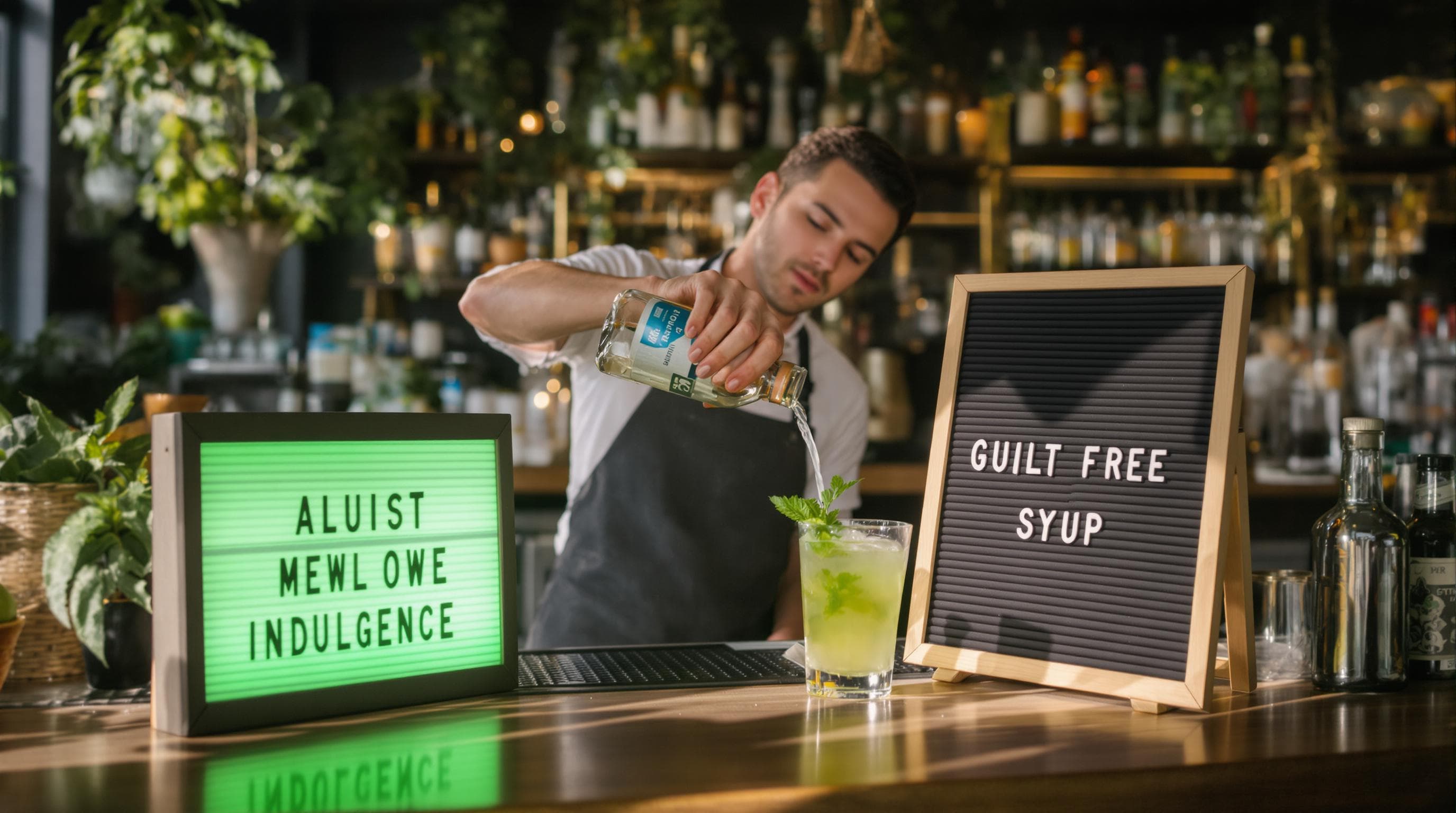 Bartender preparing cocktails with allulose simple syrup and guilt-free sign
