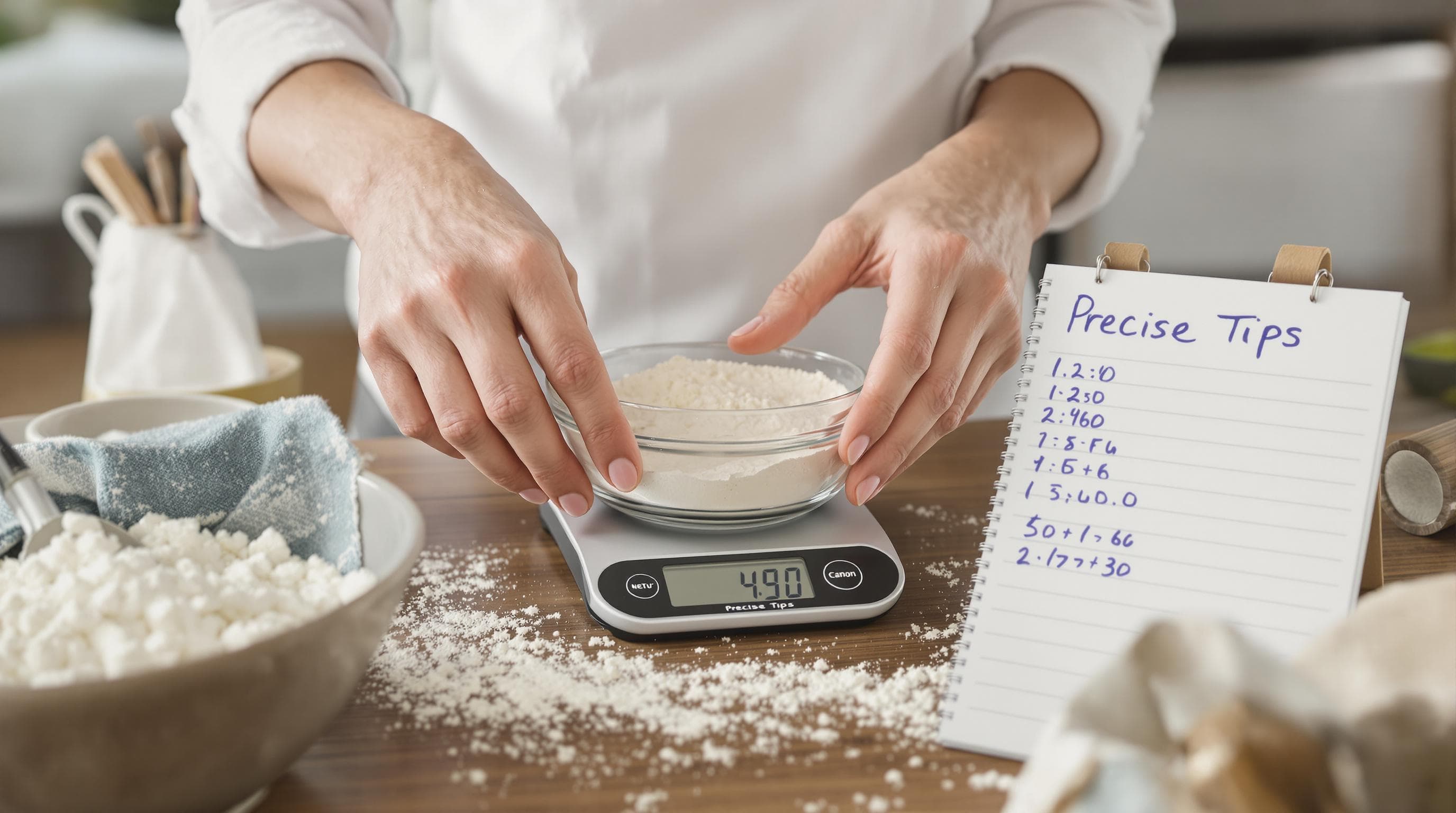 Hands measuring allulose for vegan baking with notepad of tips