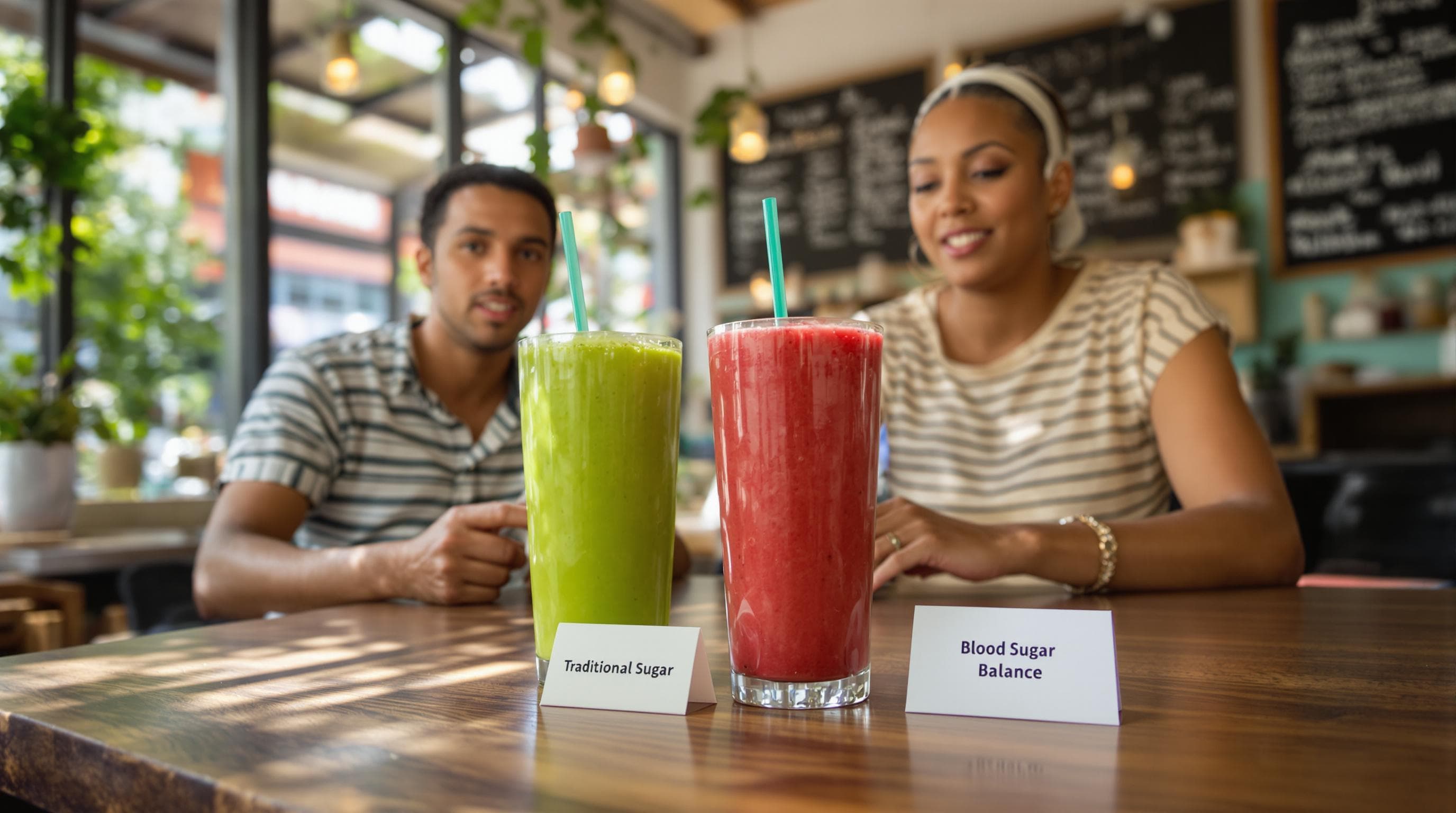 Young adults in a South African café comparing allulose and traditional drinks