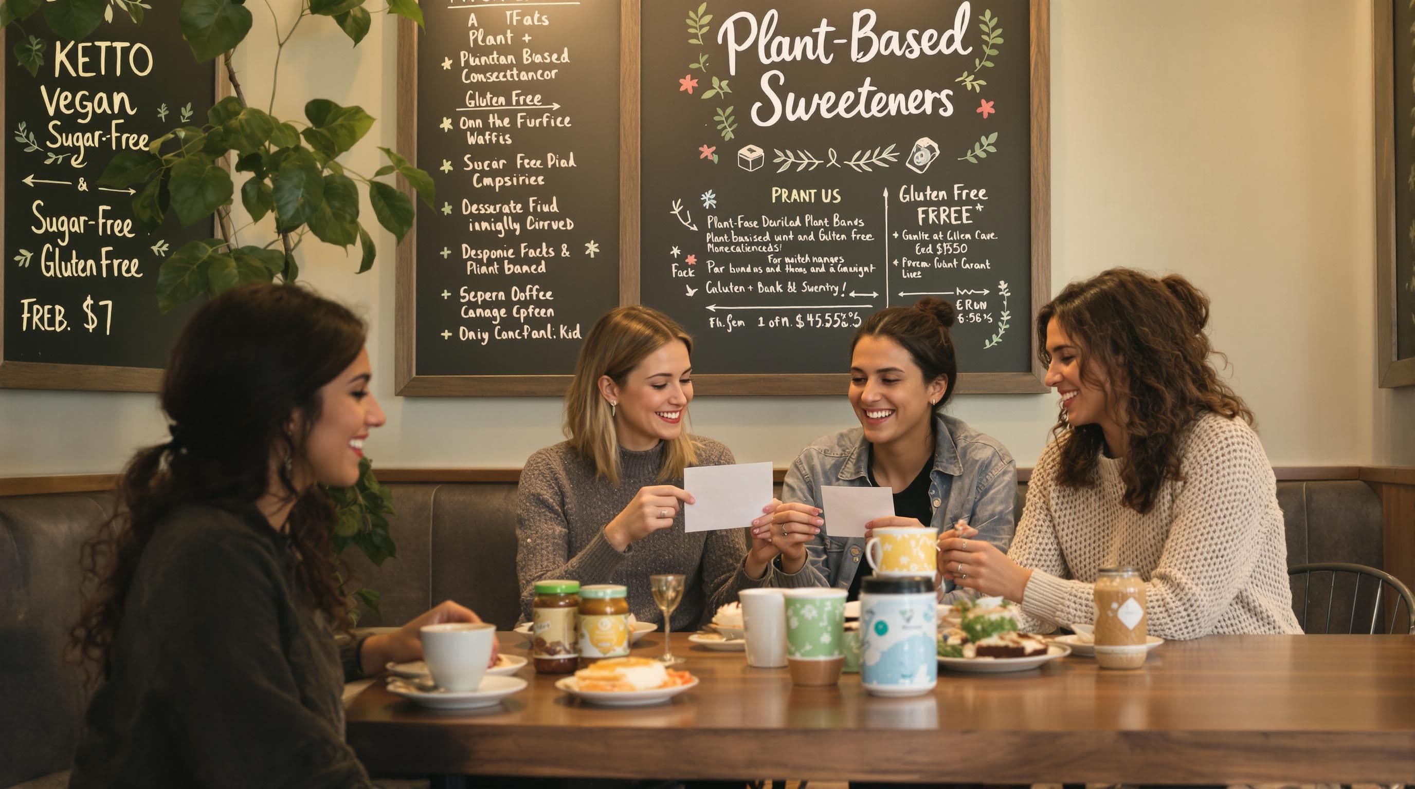 Café table with plant-based sweeteners and dietary-friendly desserts