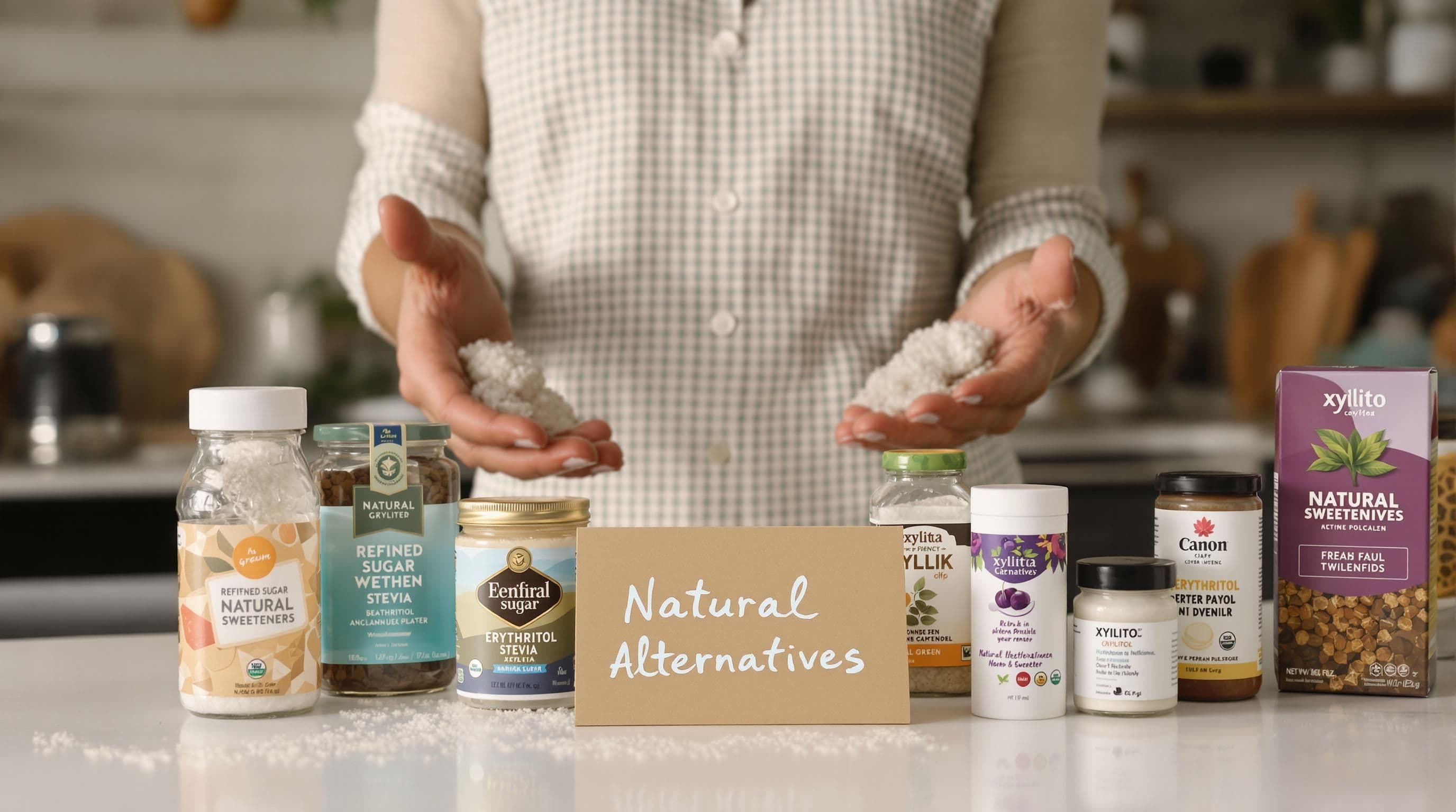 Woman weighing natural sweetener choices in home kitchen