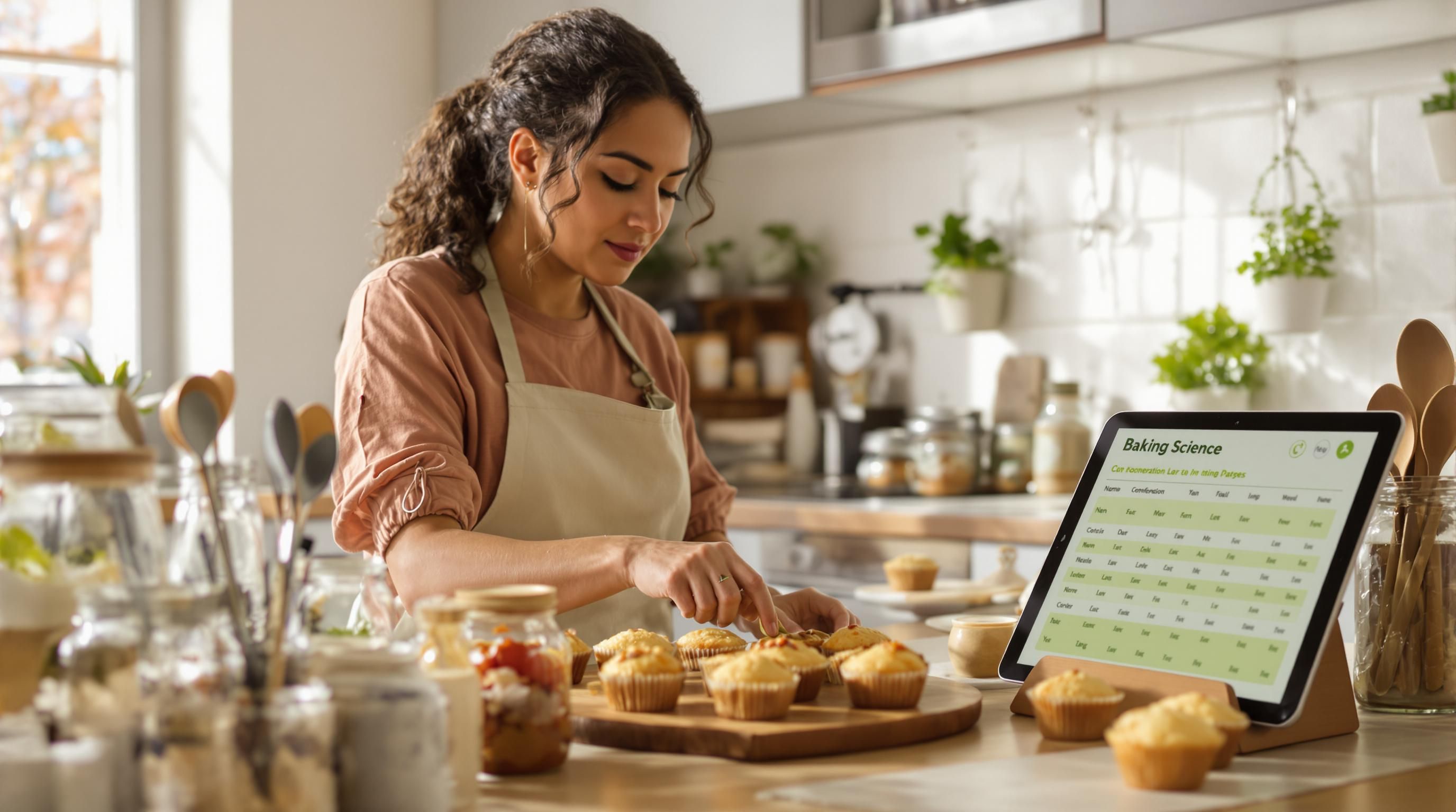 South African woman measures sugar substitutes while baking muffins
