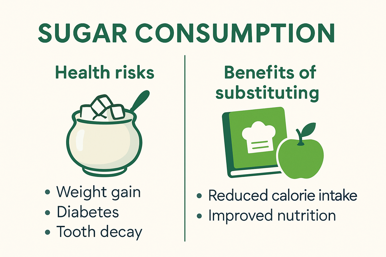 Infographic comparing sugar health risks and substitution benefits