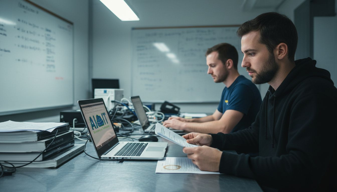 Engineers running AI benchmark tests and recording data